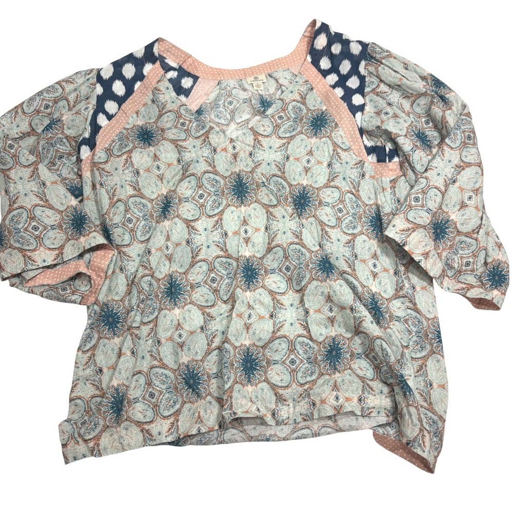 Versona Blue Peach Mandala Mixed Print Cotton V-Neck Blouse Top Large 0959‎